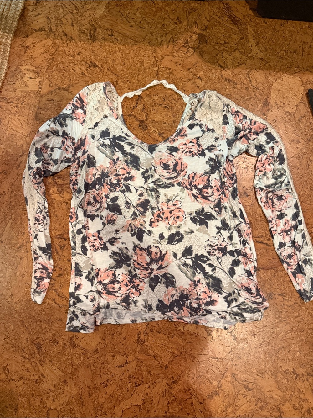 Abercrombie & Fitch Floral Lace-Accent Long Sleeve Top - Pink & Gray